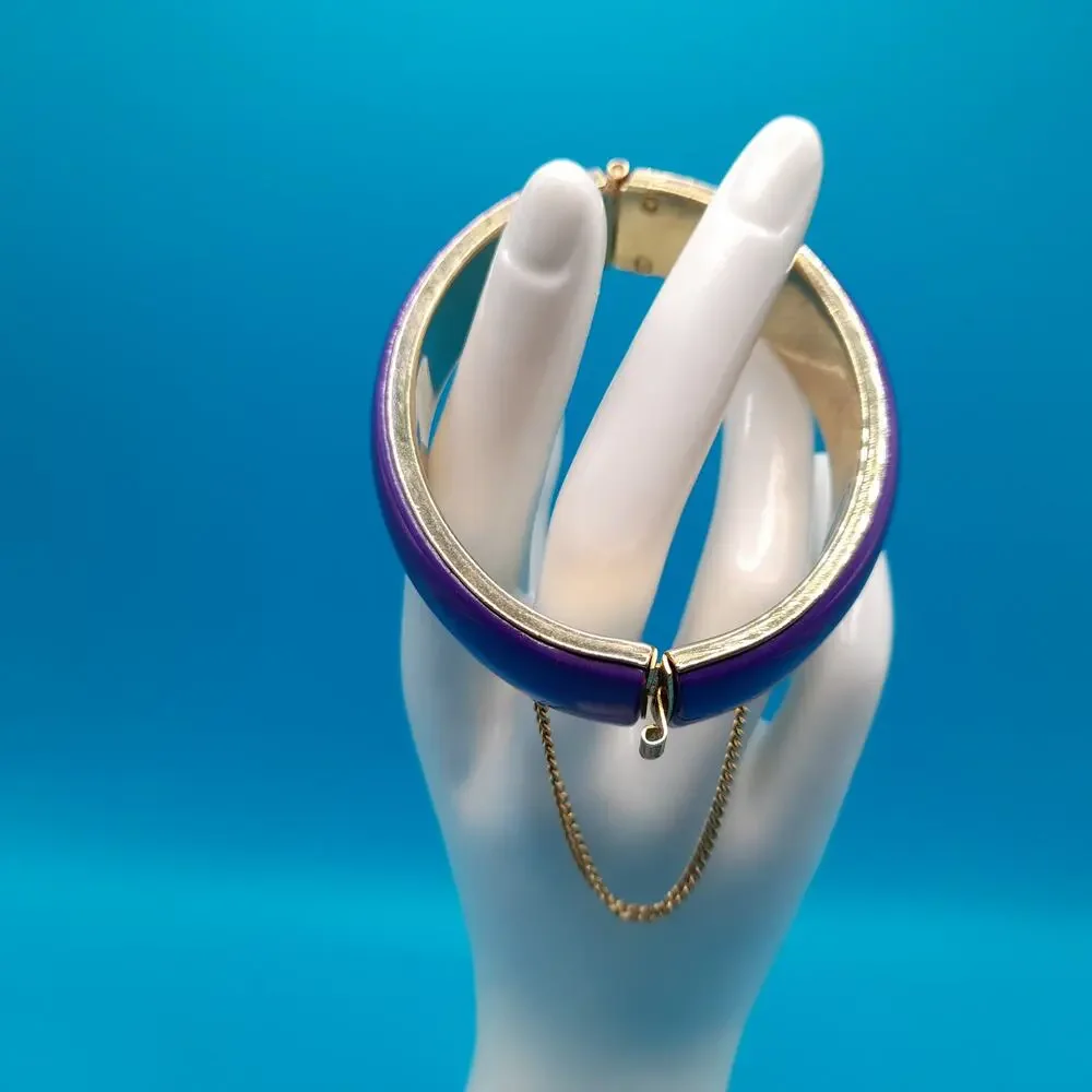 Vintage Purple Hinged Bracelet, Gold Tone, Safety Chain